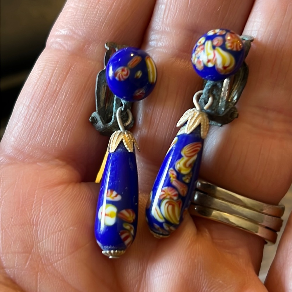 Vintage 40s blue Millefiori dangle clip on earrings